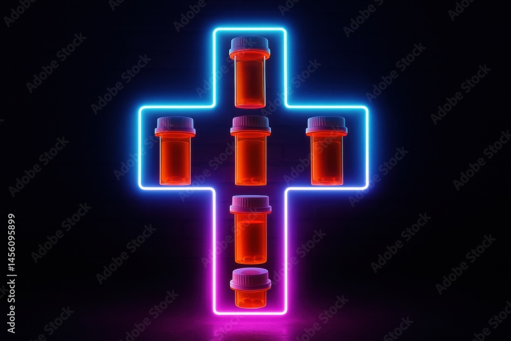 Poster Bright Colored Prescription Bottles Arranged in a Cross Shape Against a Dark Background With Neon Lights Creating a Vibrant Atmosphere Generative AI