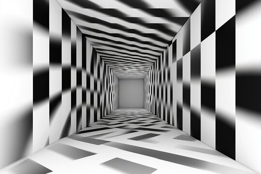 Minimalist abstract architecture with bold monochrome pattern, optical illusion style, high contrast shadows and white space for text overlay. Modern graphic design concept,