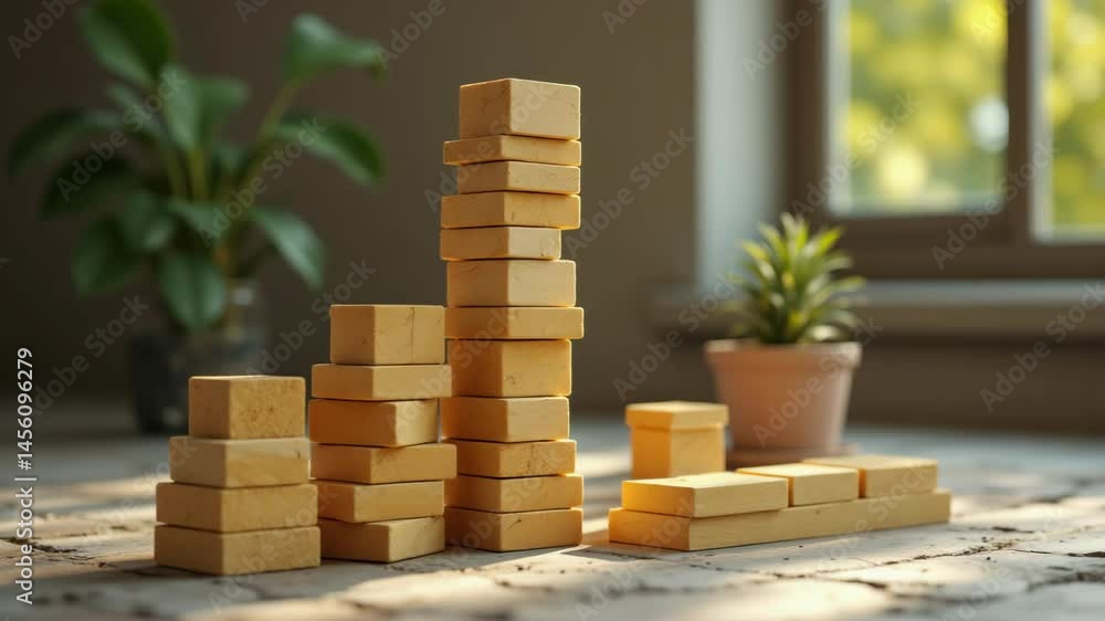 Poster stacked yellow rectangular blocks form bar graph shapes on a wooden surface, with potted plants blur