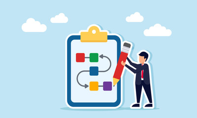 Businessman holding a pencil standing next to a paper work board with a flow chart or path, illustration of designing and organizing a strategy to complete a business project