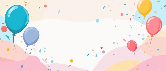Festive pastel background with colorful balloons and confetti for birthday party celebration or baby shower invitation design