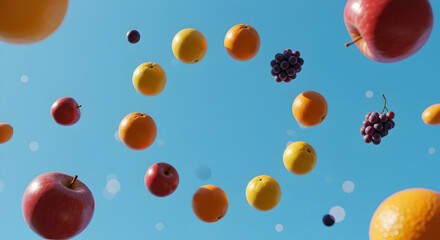 Fruitful Abundance Floating Against Azure Canvas For Refreshment Concept