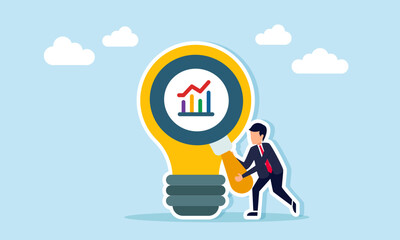 Businessman standing next to a lamp holding a magnifying glass observing a graphic, illustration of evaluating and analyzing business performance with business idea application