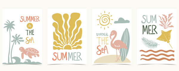 Summer groovy background with sun,flamingo,turtle. graphic for a4 vertical design