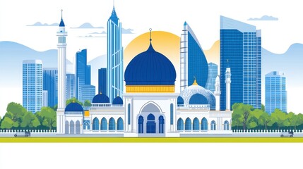 Naklejka premium Modern Islamic city skyline with mosque architecture and skyscrapers reflecting culture and global harmony for travel and tourism
