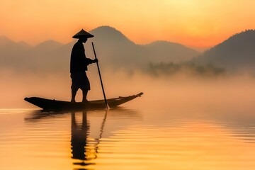 iconic one-legged rowing fisherman at daybreak on water, tranquil mist