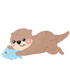 Cute otter playing with fish cartoon kawaii otter