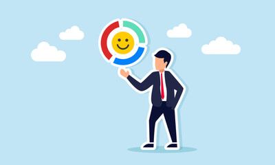 Businessman showing circle chart with happy emoticon inside illustration of diversification classification or distribution of market attention rate to business