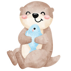 Cute kawaii Otter and fish in watercolor style © Saltyarts design
