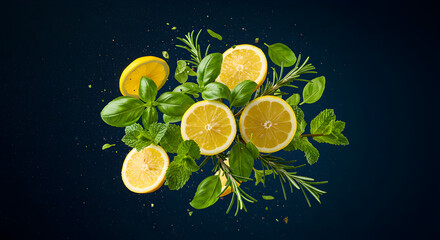 Vibrant Citrus Arrangement Showcasing Fresh Herbs Against Dark Background