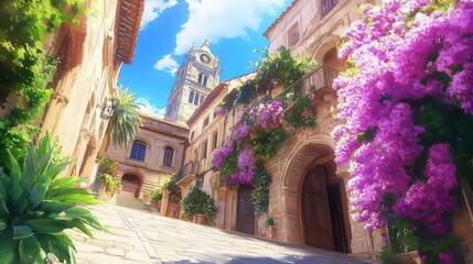 Obraz premium Picturesque village scene with vibrant bougainvillea a charming european street under a blue sky offering an idyllic travel destination