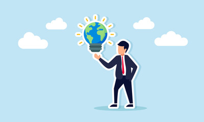 Businessman showing glowing globe lamp illustration of showing maximum and optimal performance of global business insight ideas