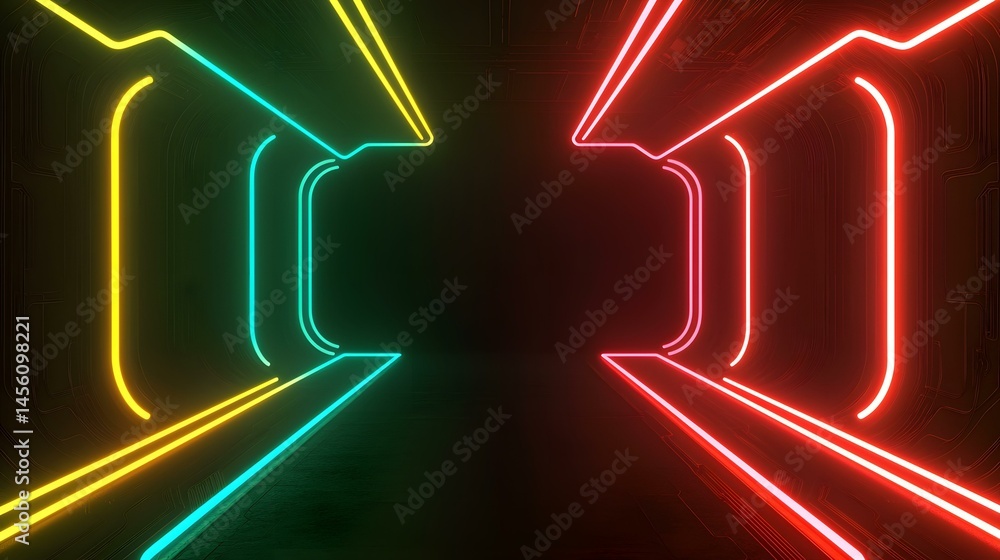 Poster the image contains an abstract representation of a futuristic corridor or tunnel. it features bright