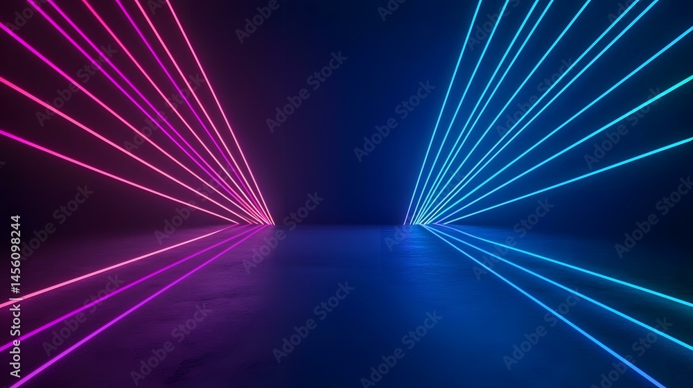Poster the image contains a dark room with multiple vibrant pink and blue neon lines converging at a centra