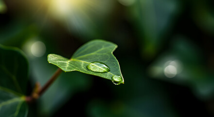 Translucent Jewel: Water Droplets Gleam on Verdant Leaf in Morning Sunlight