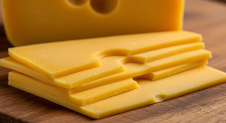Stacked Slices Of Delicious Cheese On A Wooden Cutting Board