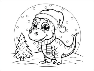 Cute Cartoon Dinosaur Wearing Santa Hat and Scarf