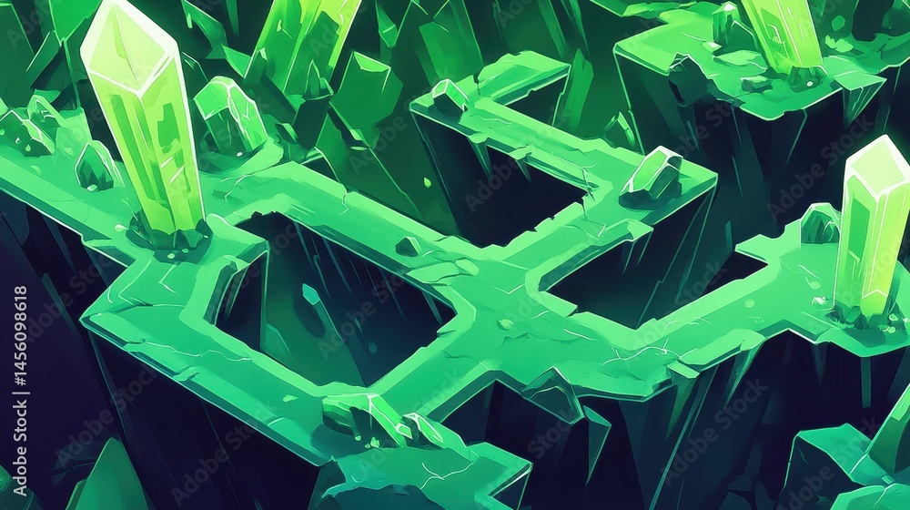 Poster emerald lattice network structure with verdant crystal pillars concept of modern digital design and 