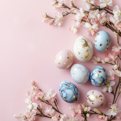 Fototapeta premium easter decoration, elegant easter eggs and spring flowers on pink paper, modern dyed blue and marble eggs happy easter greeting card template 