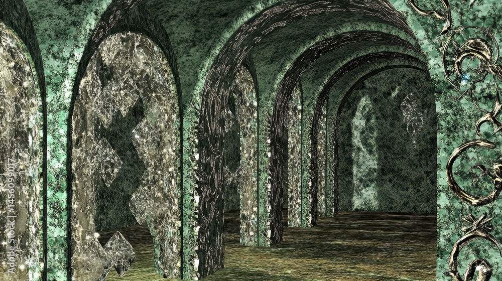 Poster ancient subterranean architecture featuring aged stone arches and decayed ornamentation a captivatin