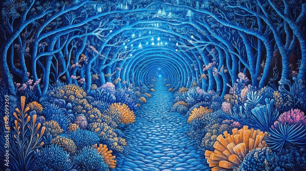 Poster enigmatic marine ecosystem abstract visual with ethereal deep sea coral reefs and intricate light pa