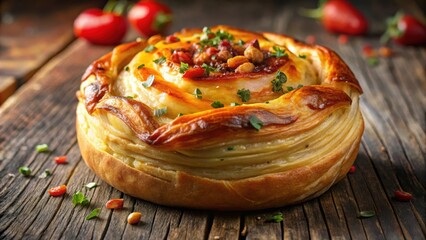 A savory pastry filled with melted cheese and crispy bacon, wrapped in a flaky dough and topped with a sprinkle of paprika, cheese lover's dream, melted cheddar cheese