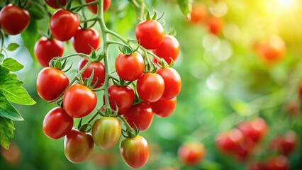 Obraz premium Freshly picked cherry tomatoes hanging from a branch with lush green leaves and stems, cherry tomatoes, nature