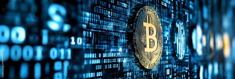 Poster financial technology cryptocurrency coin on circuit board with binary code, blockchain concept.