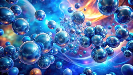 A cluster of blue molecules suspended in a dreamy abstract background with swirling shapes and vibrant colors, evoking a sense of otherworldly wonder, fantasy, chemistry