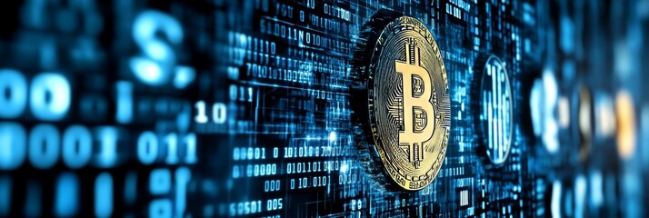 Financial Technology Cryptocurrency Coin On Circuit Board With Binary Code, Blockchain Concept.