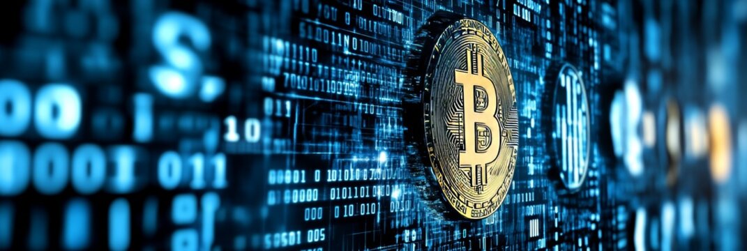 Financial Technology Cryptocurrency Coin On Circuit Board With Binary Code, Blockchain Concept.