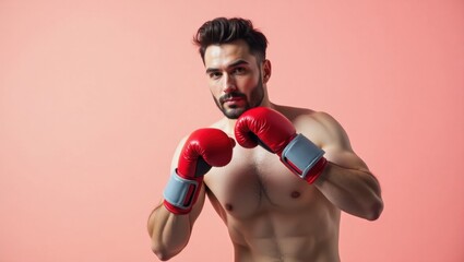 Smart boxing gloves. Muscular man with red boxing gloves punching agai