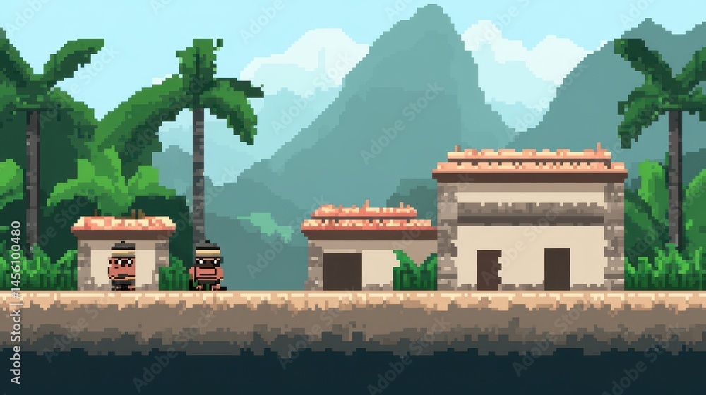 Poster pixelated platformer game level design featuring characters buildings jungle and mountains creating 