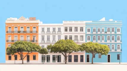 Obraz premium Charming colorful european buildings facade with trees in the foreground under a clear light blue sky architectural vista backdrop
