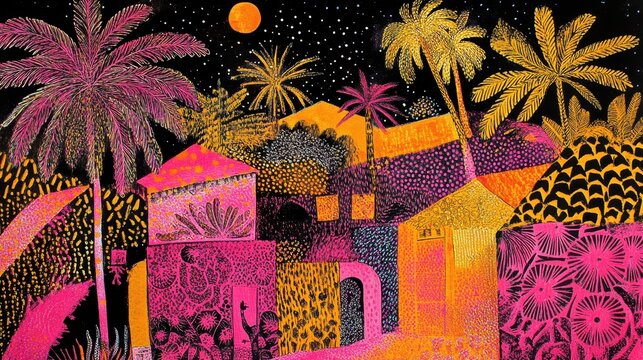 Exotic Paradise Night, Vibrant Tropical Landscape with Palm Trees Moon and Stars evokes a sense of dreamy escape and warm color palette