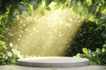 Empty round stone podium surrounded by lush green foliage. Soft sunlight filters through leaves