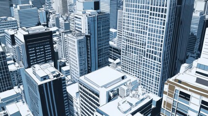 Obraz premium Aerial vista of a sprawling metropolis showcases towering skyscrapers and urban density with monochromatic blue tones and a pixelated texture