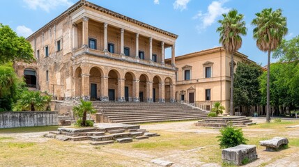 Obraz premium Historical architecture ancient facade classic building with columns outdoor with blue sky and palm trees sicily italy