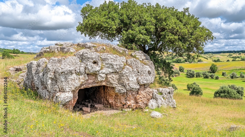 Poster mystical ancient stone dolmen structure surrounded by open field meadow under cloudy sky in scenic c