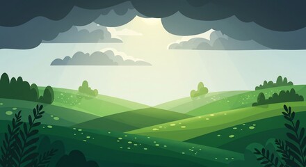 Obraz premium Green Rolling Hills Landscape with Clouds and Sunlight Illustration