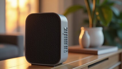 Smart electric heater. Heated by music. Trend product close-up. Small smart electric heater is warmed by soothing sounds of music from nearby speaker.