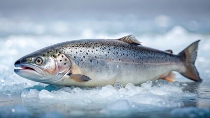 Fototapeta premium A frozen fish sea trout on ice with a natural setting and soft lighting effects