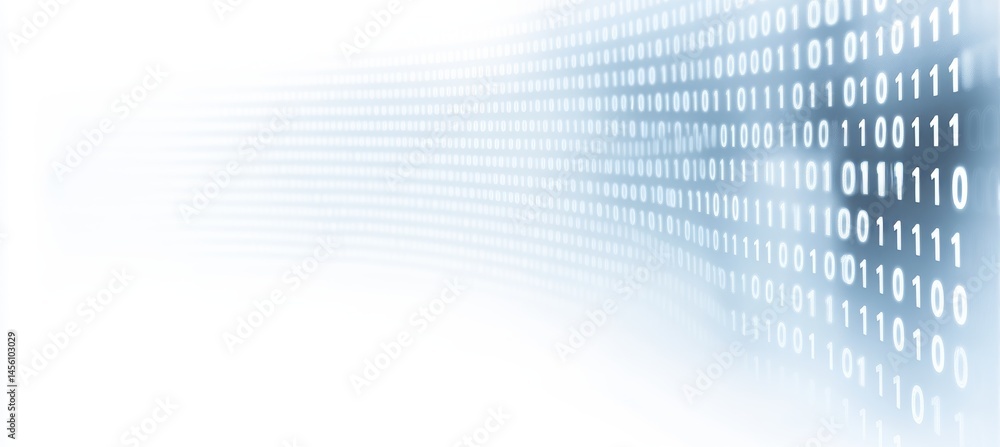 Poster blue glowing binary code streams of data on white copyspace, data transfer, technology concept