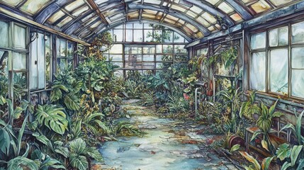 Fototapeta premium Enchanting watercolor portrayal of tropical greenhouse interior filled with lush vegetation and natural light streaming through glass panels