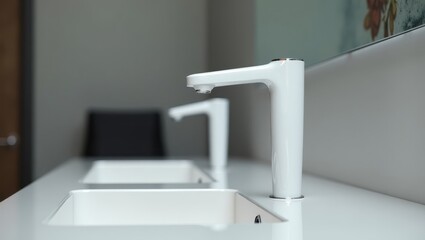 Modern faucet. White ceramic. Minimalist design. Kitchen setup. Clean counter. Stainless finish. Bright natural. Reflection glass. Home interior. Plumbing fixture. Contemporary style. Bathroom sink. 
