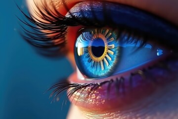 Bright eye. Blue iris. Macro shot. Long eyelashes. Human skin. Reflective surface. Detailed texture. Eye makeup. Close-up photography. Optical concept. Vision focus. Medical illustration. Dermatology
