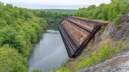 Fototapeta premium Elevated view of old railway bridge crossing tranquil river amidst lush foliage creates captivating scenic landscape imagery