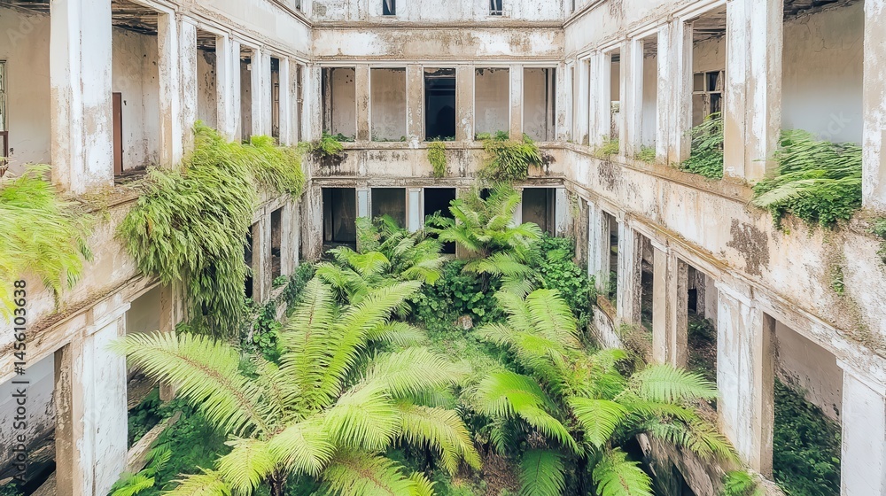 Poster overgrown abandoned structure with nature reclamation showcasing resilient architecture in decay and