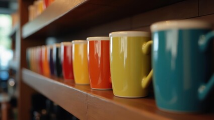 Colorful mugs. Ceramic cups. Wooden shelf. Close up. Kitchen decor. Morning coffee. Home atmosphere. Bright colors. Vibrant tones. Product photo. Cafe setting. Beverage holders. Drinking vessels. Coz