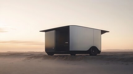 Modern minimalist trailer cabin at sunset destination adventure wanderlust sustainable dwelling compact lodging glamping getaways